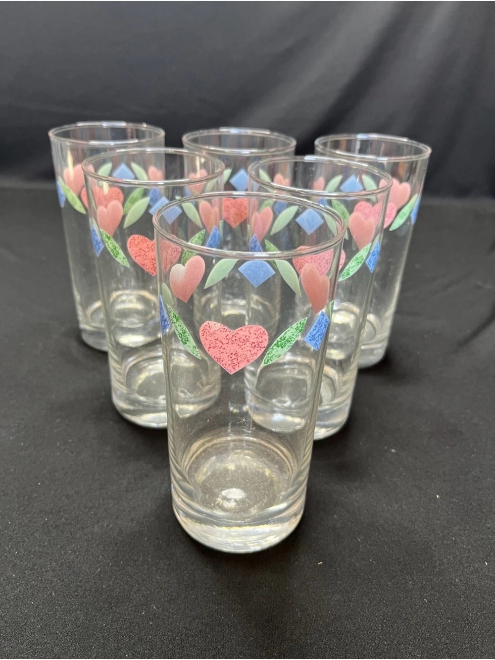 Vintage Corelle Drinking Glasses 16 oz set of 6 Quilt and heart pattern 1994